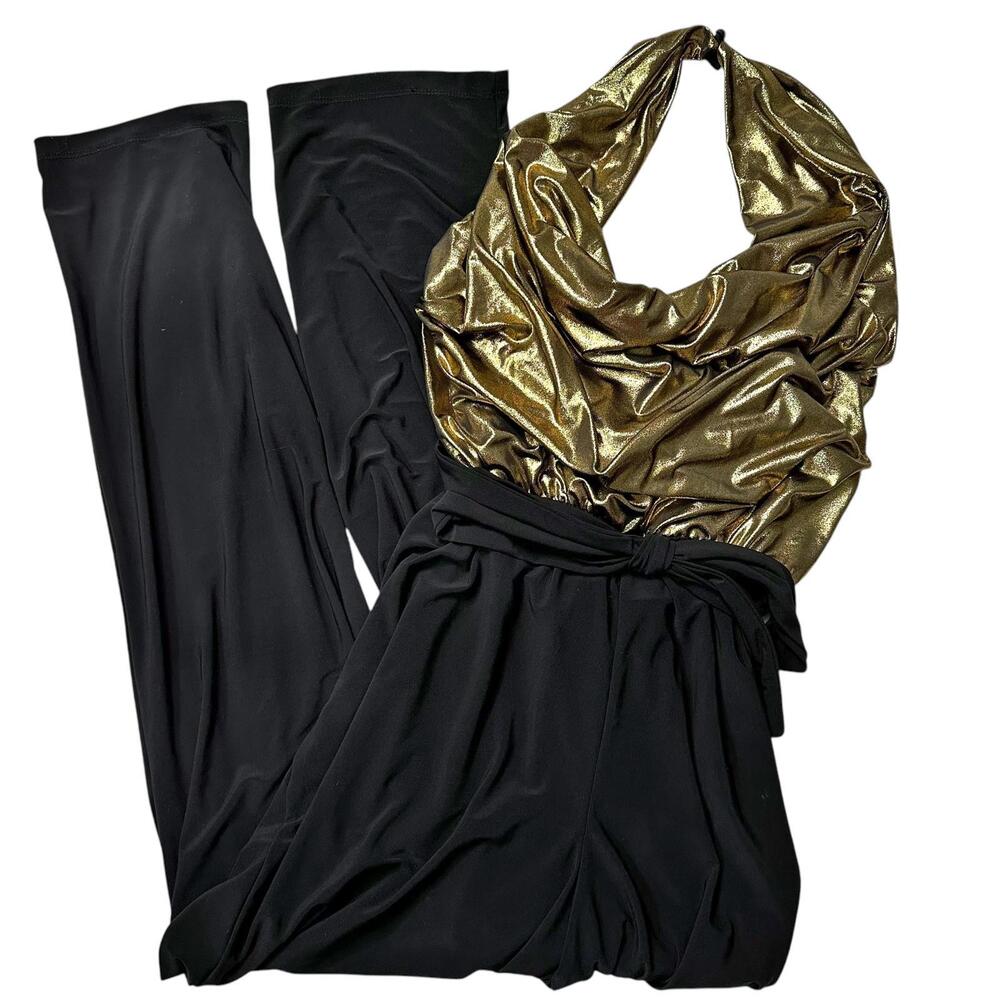 NEW Ashley Stewart Gold Halter Cowl Neck Jumpsuit Women’s 12